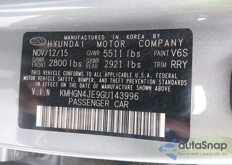 2016 Hyundai Genesis 3.8 z USA, uszkodzony, nr VIN KMHGN4JE9GU143996